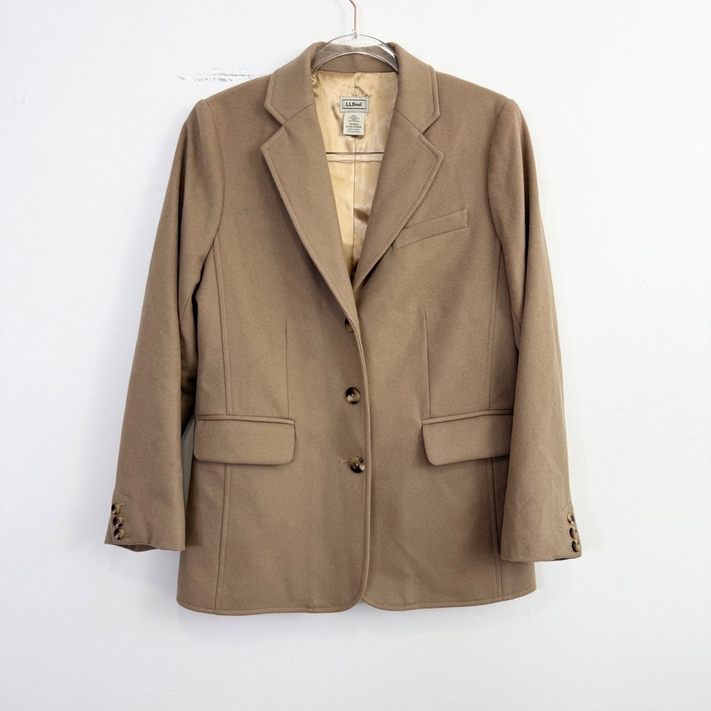 L.L.Bean Wool Cashmere Blazer Camel Tan Tailored Jacket Women's 14